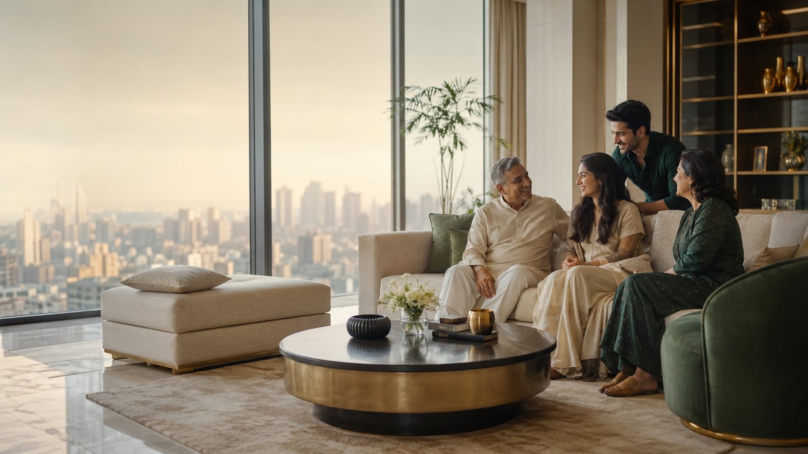 An Indian family at home overlooking the Mumbai skyline