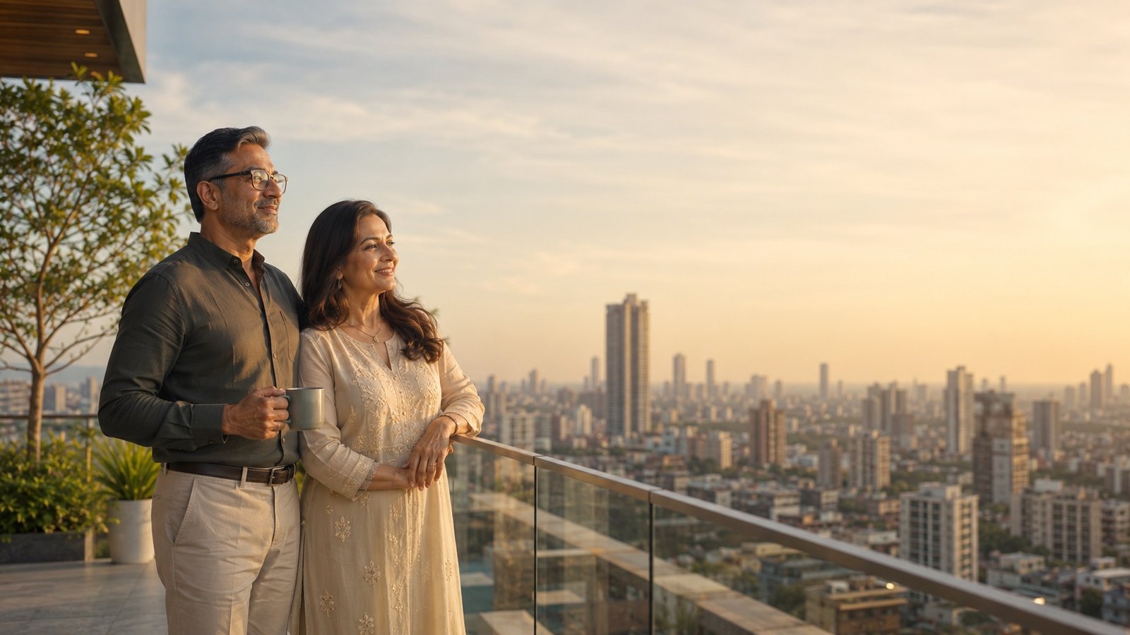 An affluent couple overlooking the city
